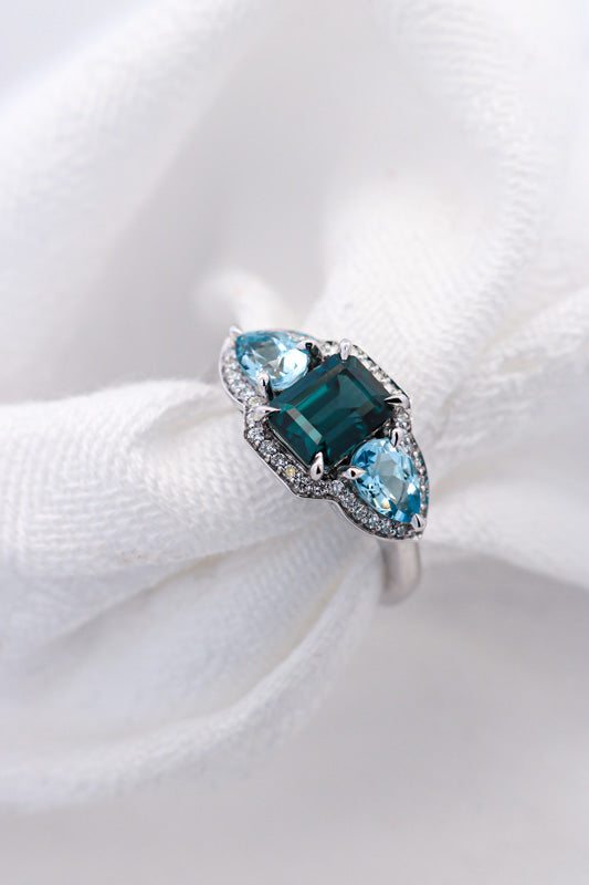 Blue Gemstone Ring with white diamonds and white gold | McLean & Co Jewellers Sunshine Coast