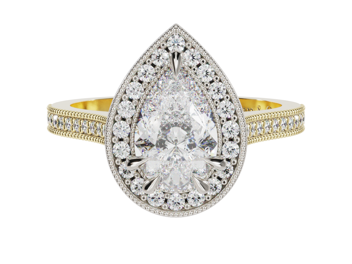 Pear Shape lab Grown Diamond Halo Millgrain Ring | McLean & Co Manufacturing Jewellers Sunshine Coast Australia