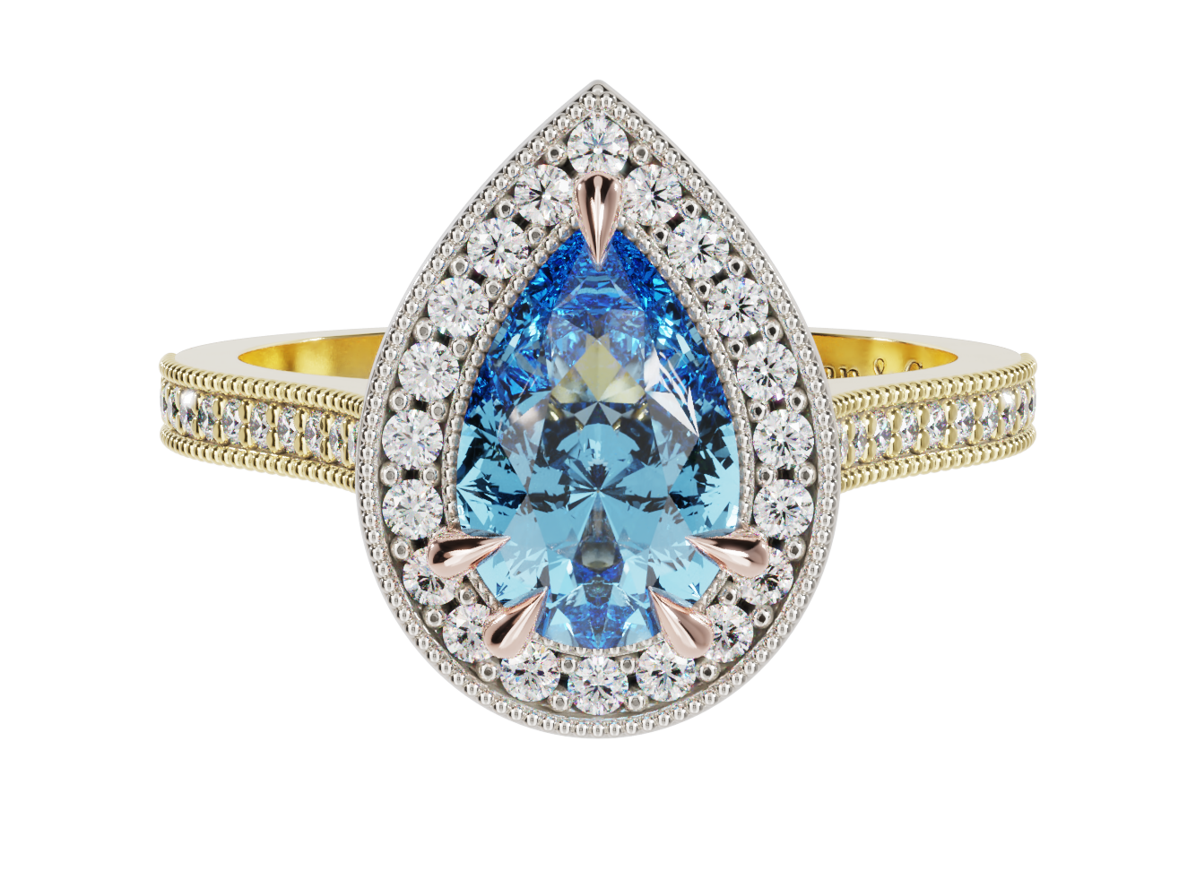 Pear Shape Sapphire Diamond Halo Millgrain Ring | McLean & Co Manufacturing Jewellers Sunshine Coast Australia