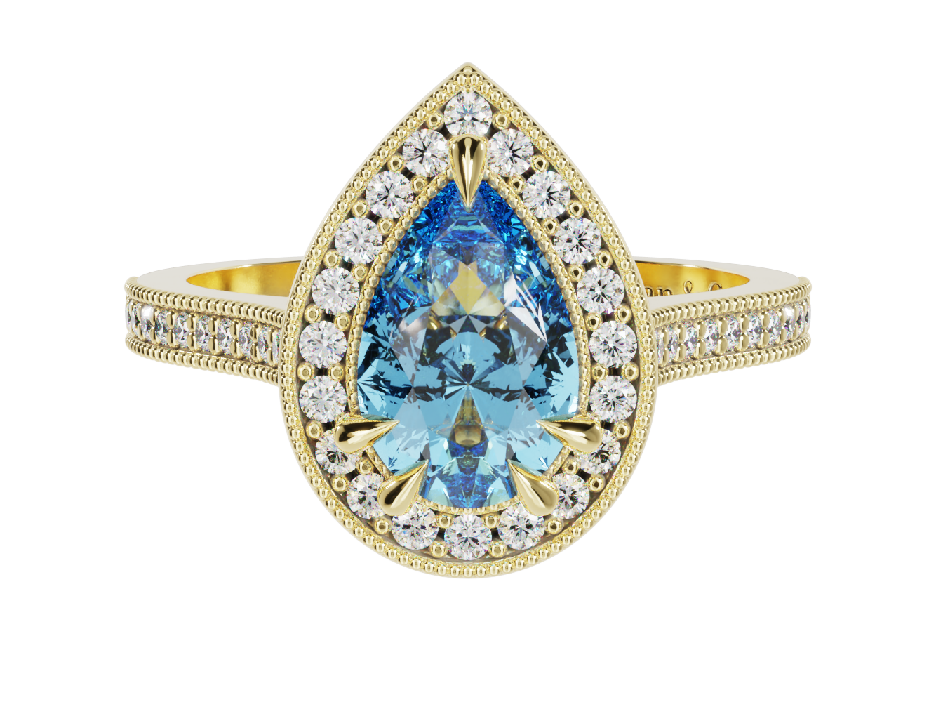Pear Shape Sapphire Diamond Halo Millgrain Ring | McLean & Co Manufacturing Jewellers Sunshine Coast Australia