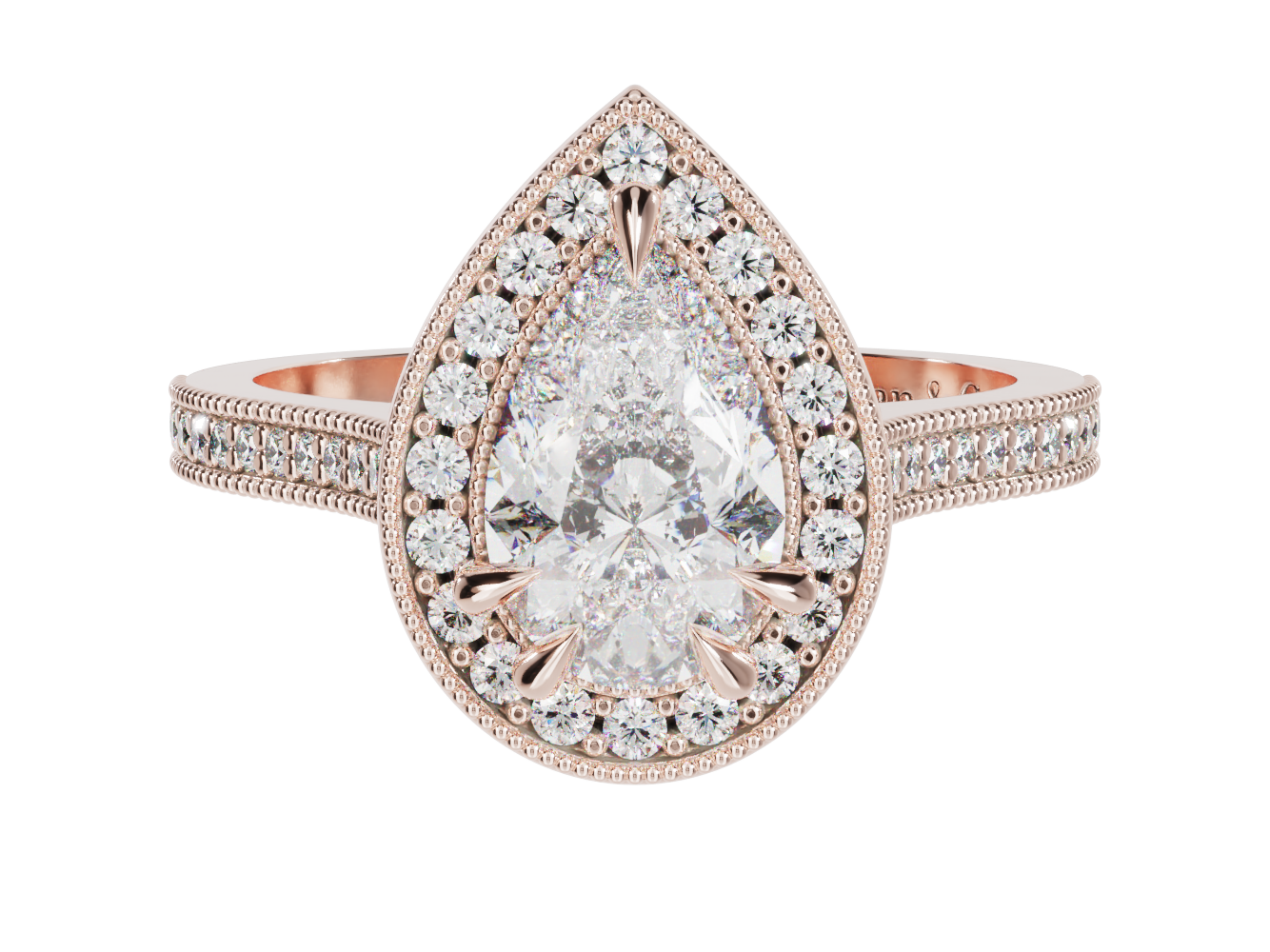 Rose Gold Pear Shape Diamond Halo Millgrain Ring | McLean & Co Jewellers Sunshine Coast Australia