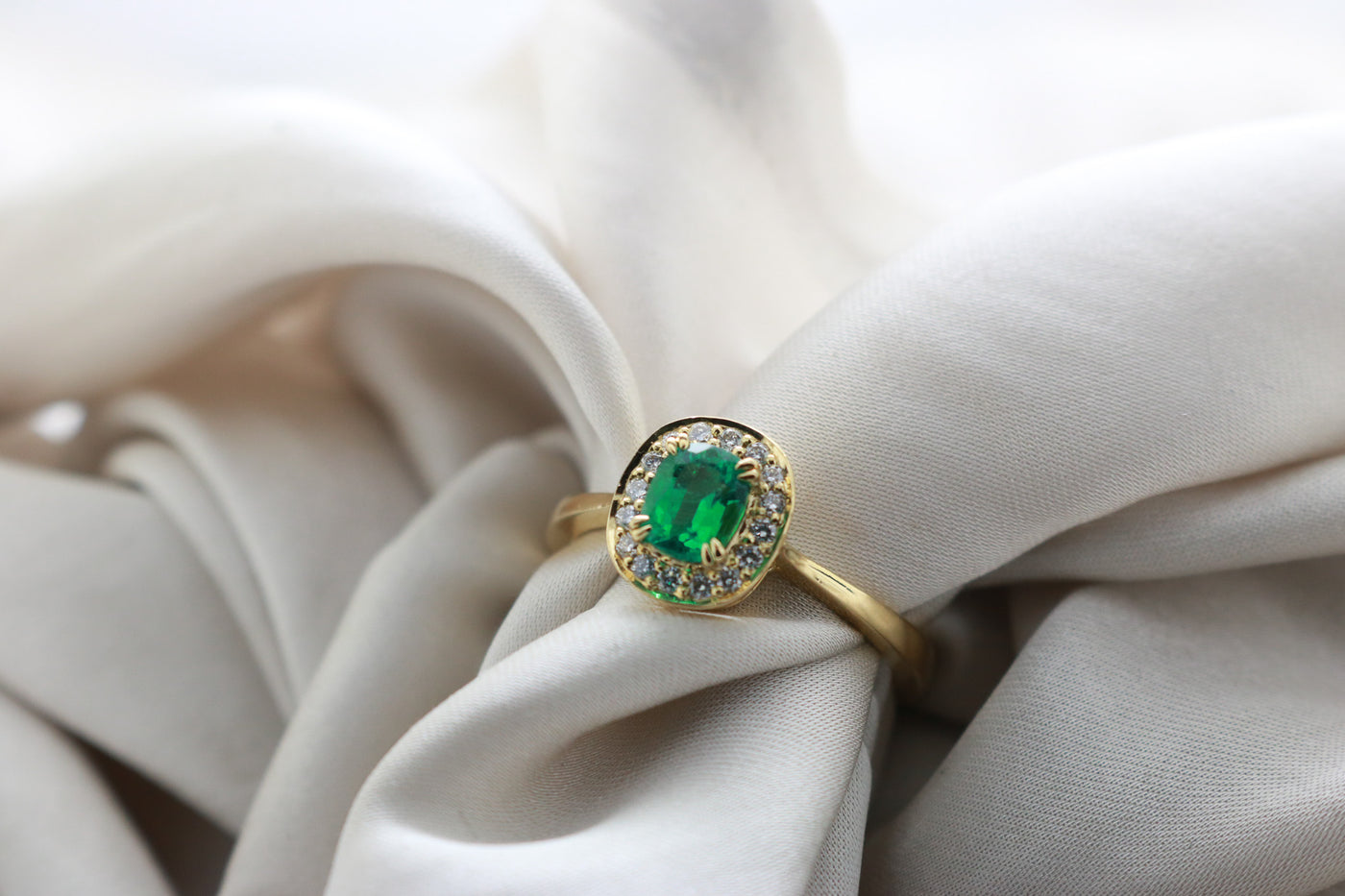 Natural Zambian Emerald 18ct YG Halo Ring