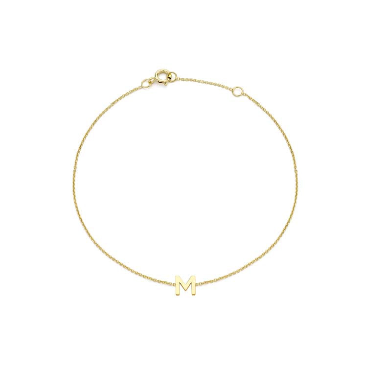 9K Yellow Gold Mini Initial 'M' Bracelet 15.5-19cm