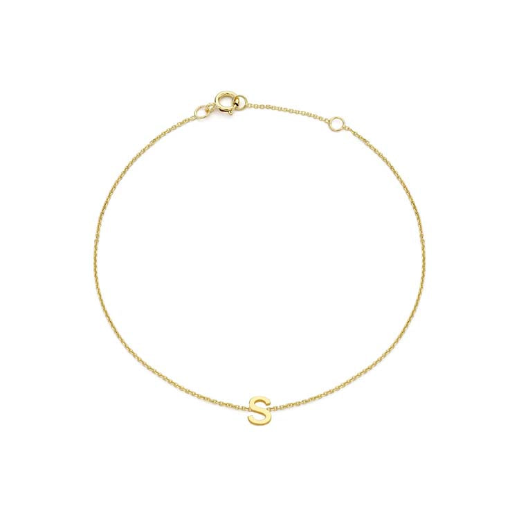 9K Yellow Gold Mini Initial 'S' Bracelet 15.5-19cm