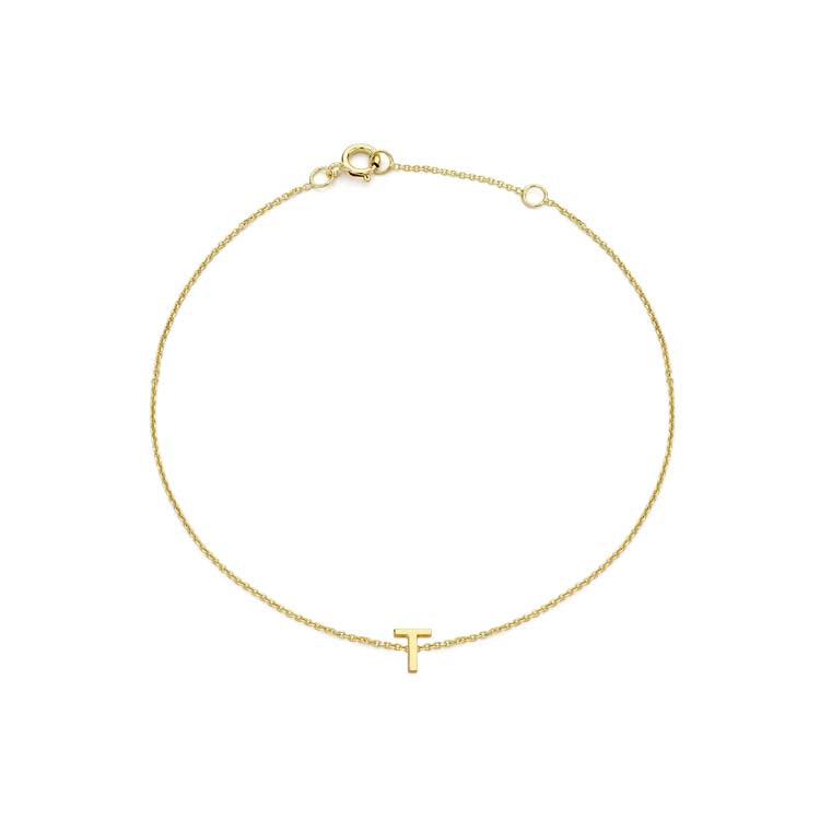 9K Yellow Gold Mini Initial 'T' Bracelet 15.5-19cm