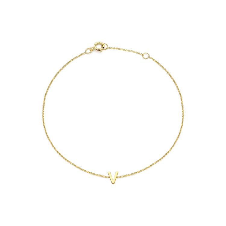 9K Yellow Gold Mini Initial 'V' Bracelet 15.5-19cm