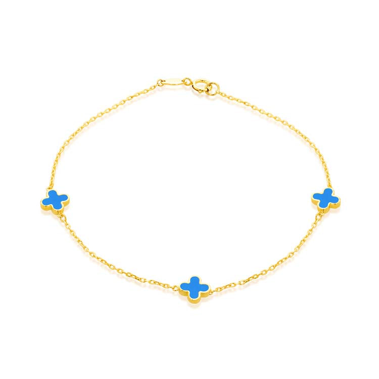 9K Yellow Gold Turquoise Clover Petal Bracelet 19cm