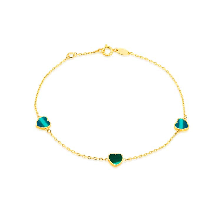 9K Yellow Gold Malachite Heart Bracelet 19cm