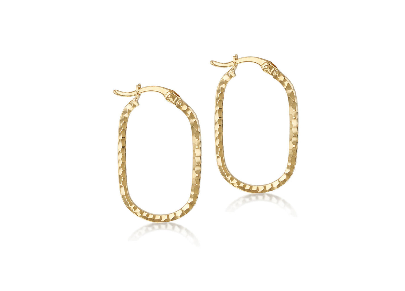 9K Yellow Gold Hollow Diamond-Cut Med Oval Hoop Earrings