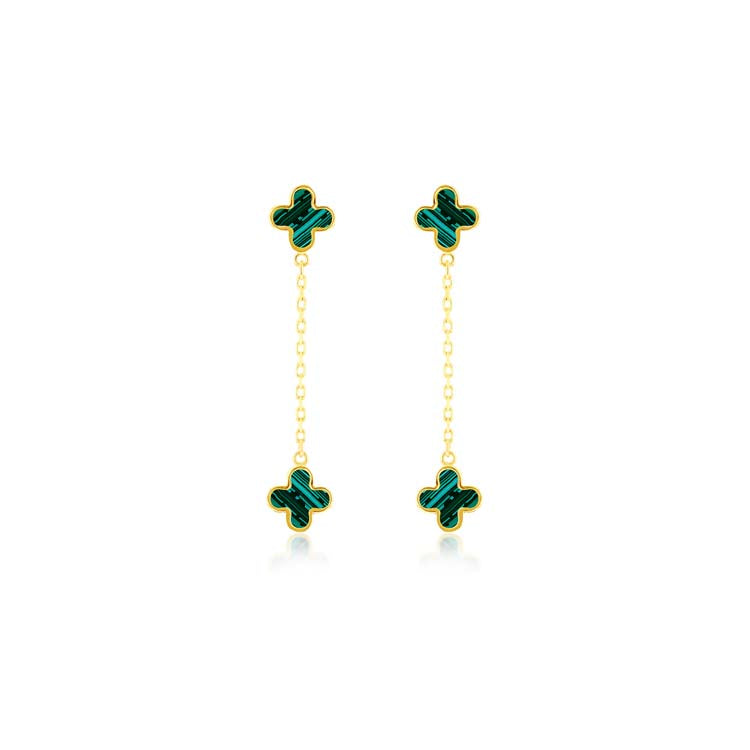 9K Yellow Gold Malachite Clover Petal Drop Earrings