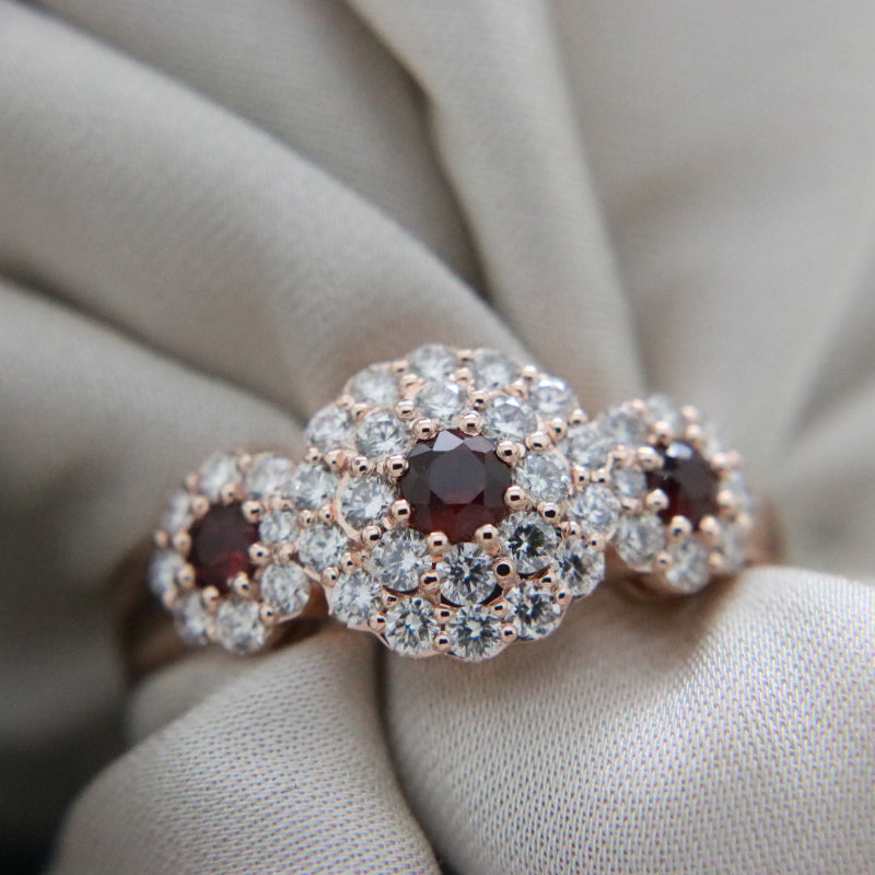 3 Red Round Rubies Halo Diamond Ring  Rose Gold | McLean & Co Sunshine Coast 