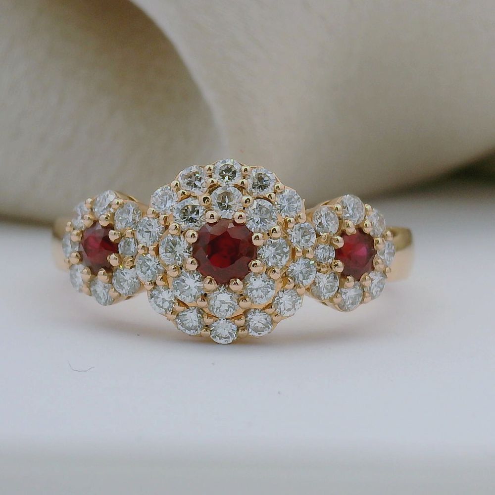 3 Red Round Rubies Halo Diamond Ring set in Rose Gold | McLean & Co Sunshine Coast 