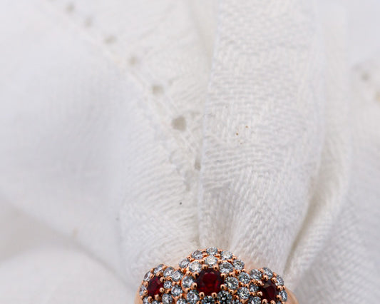 3 Red Round Rubies Halo Diamond Ring set in Rose Gold | McLean & Co Jewellers Sunshine Coast 