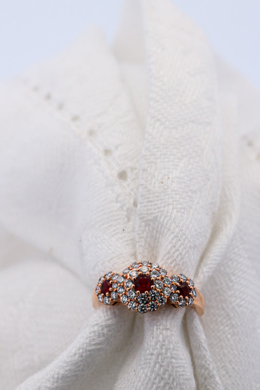 3 Red Round Rubies Halo Diamond Ring set in Rose Gold | McLean & Co Jewellers Sunshine Coast 