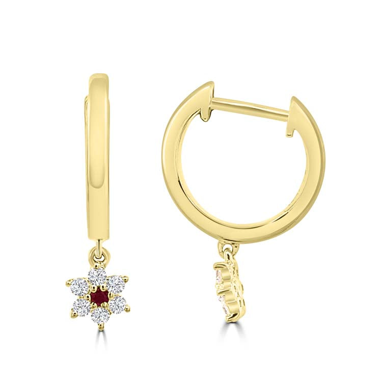 Diamond, Ruby Hoop Earrings with 0.153ct Diamonds in 9K Yellow Gold