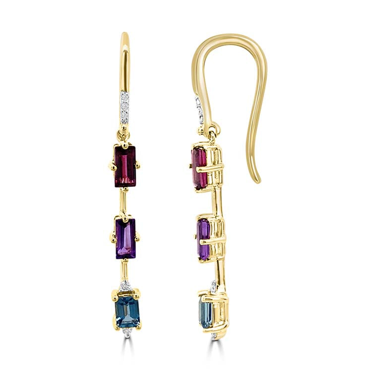 Diamond, Rhodolite, Amethyst, London Blue Topaz Drop Earrings with 0.05ct Diamonds in 9K Yellow Gold