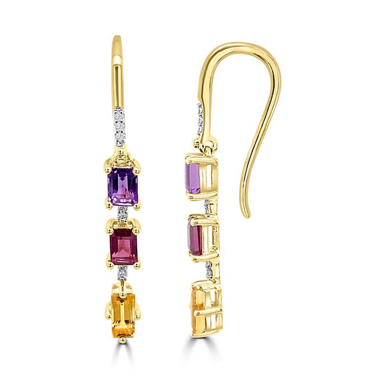 Diamond, Amethyst, Rhodolite, Citrine Drop Earrings with 0.05ct Diamonds in 9K Yellow Gold