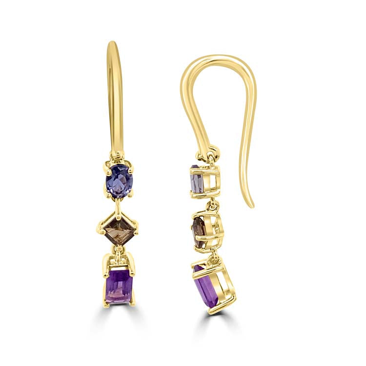 Iolite, Smokey Qtz, Amethyst Drop Earrings in 9K Yellow Gold