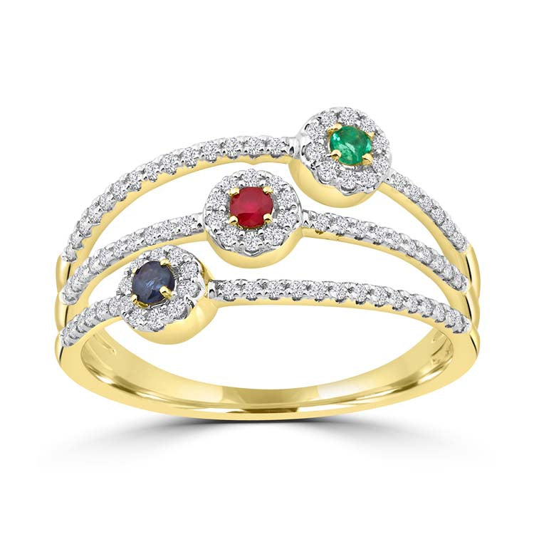 Diamond, Ruby, Emerald, Sapphire Ring with 0.3ct Diamonds in 9K Yellow Gold