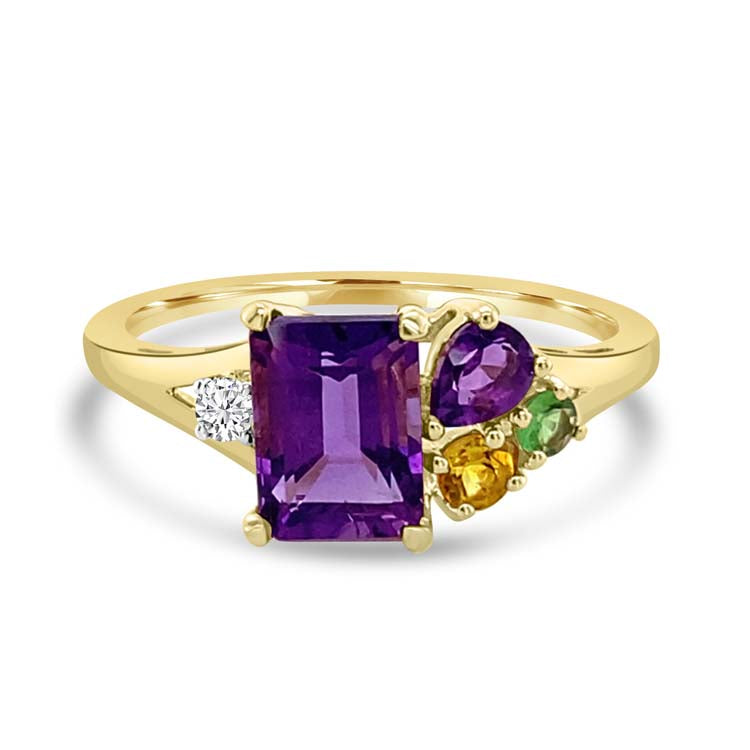 Diamond, Amethyst, Citrine, Tsavourite Ring with 0.03ct Diamonds in 9K Yellow Gold