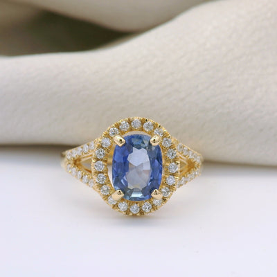 Blue Sapphie & Diamond Halo Ring | McLean & Co Manufacturing Jewellers Sunshine Coast Australia