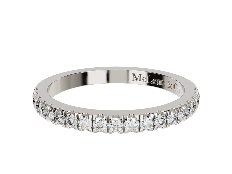 platinum ring with embedded diamonds on a white background