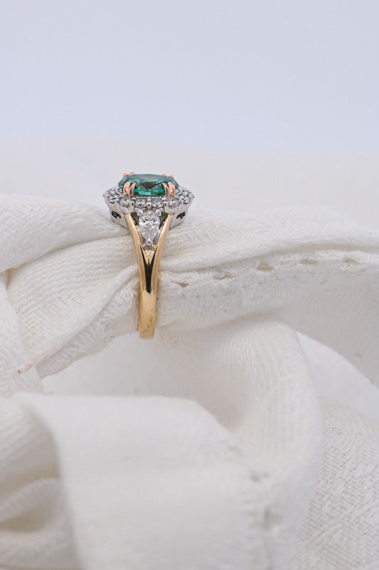 Fancy Style Green Diamond Ring Side View on White Material  