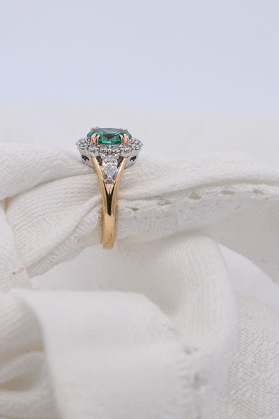 Fancy Style Green Diamond Ring Side View on White Material  