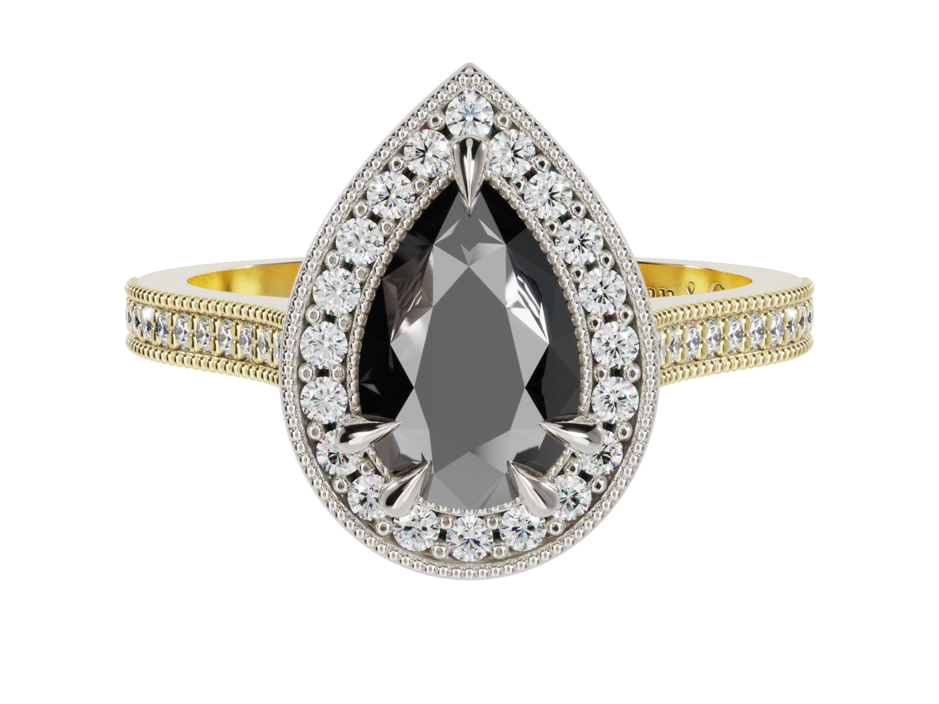 Pear Shape Black Diamond Halo Millgrain Ring | McLean & Co Manufacturing Jewellers Sunshine Coast Australia
