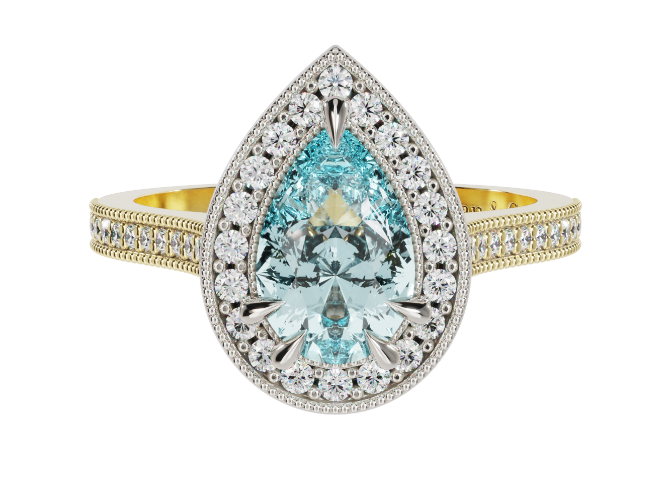Pear Shape Aquamarine Diamond Halo Millgrain Ring | McLean & Co Manufacturing Jewellers Sunshine Coast Australia