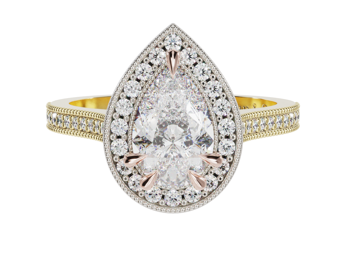 Pear Shape Lab Grown Diamond Halo Millgrain Ring | McLean & Co Manufacturing Jewellers Sunshine Coast Australia