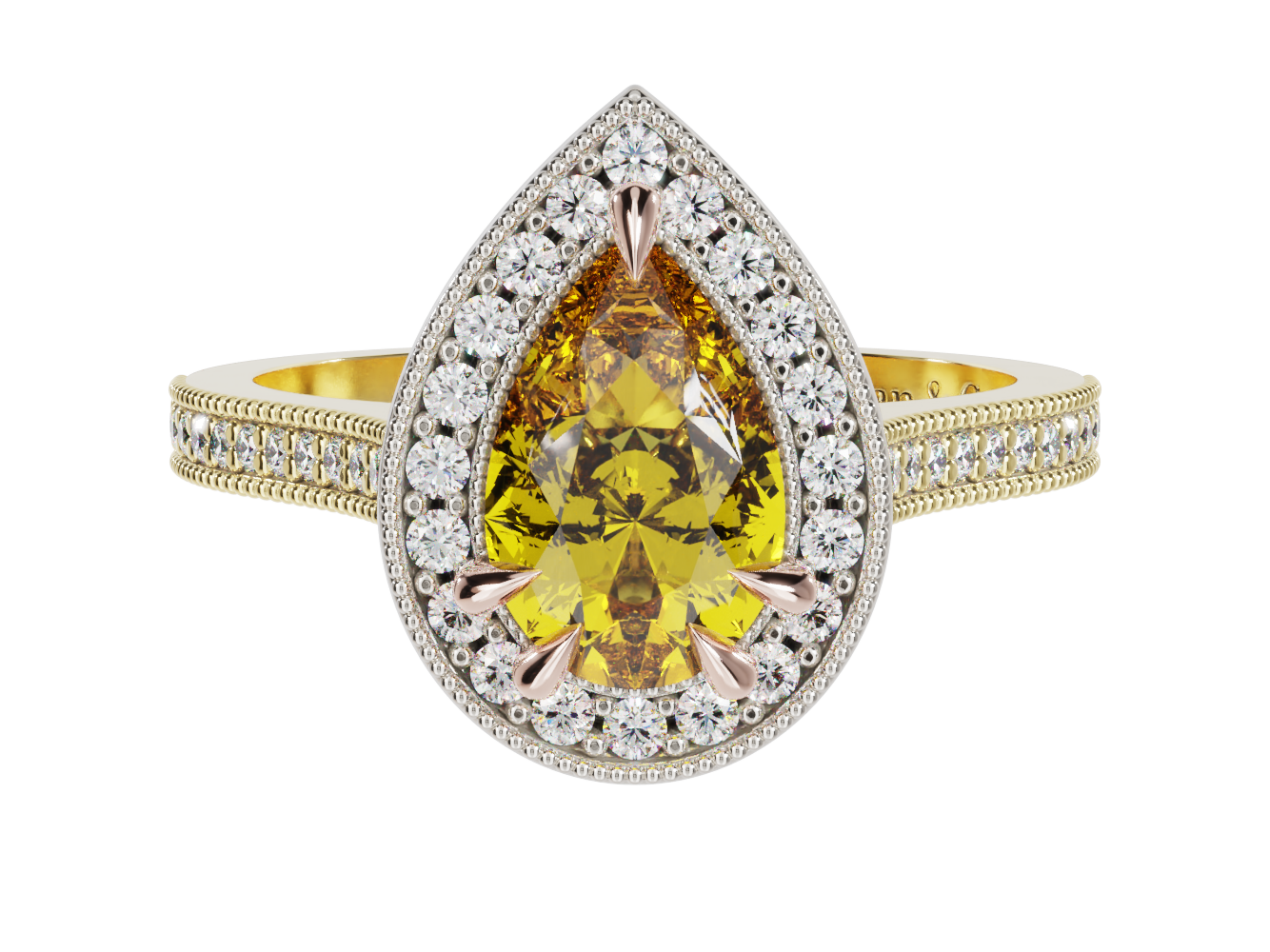 Pear Shape Citrine Diamond Halo Millgrain Ring | McLean & Co Manufacturing Jewellers Sunshine Coast Australia