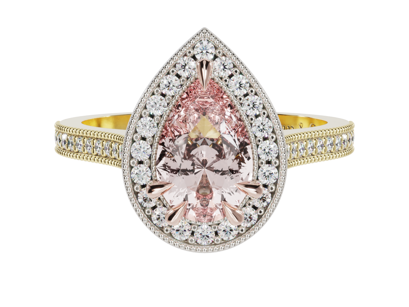  Morganite Diamond Halo Millgrain Ring | McLean & Co Manufacturing Jewellers Sunshine Coast Australia