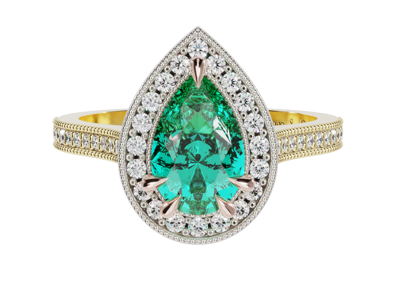 Pear Shape Teal Moissante Diamond Halo Millgrain Ring | McLean & Co Manufacturing Jewellers Sunshine Coast Australia
