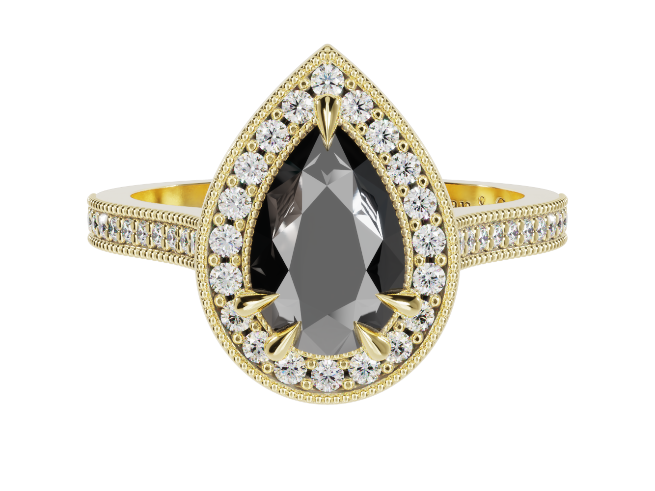 Pear Shape Black Diamond Halo Millgrain Ring | McLean & Co Manufacturing Jewellers Sunshine Coast Australia