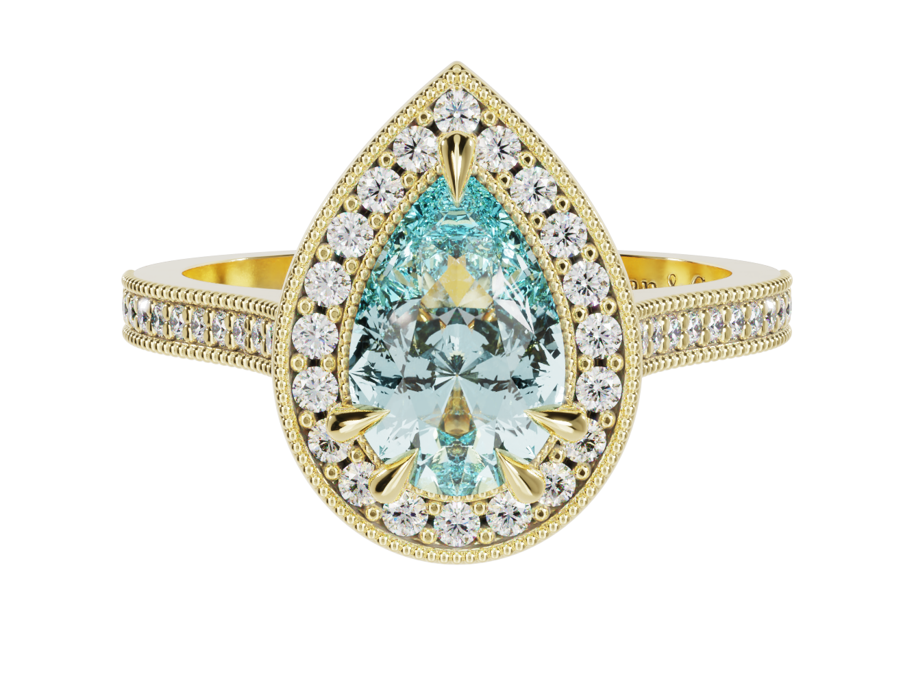 Pear Shape Aquamarine Diamond Halo Millgrain Ring | McLean & Co Manufacturing Jewellers Sunshine Coast Australia 