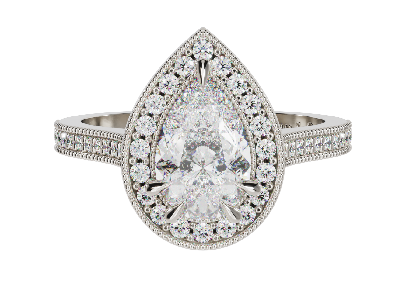 Pear Shape Diamond Halo Millgrain Ring White Gold | McLean & Co Jewellers Sunshine Coast Australia