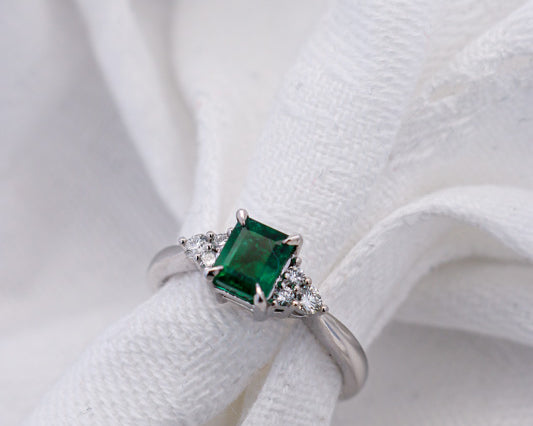 Green Square Natural Emerald Set with 3 Diamonds in Wite Gold | McLean & Co Jewellers Sunshine Coast