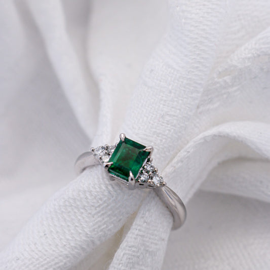 Green Square Natural Emerald Set with 3 Diamonds in Wite Gold | McLean & Co Jewellers Sunshine Coast