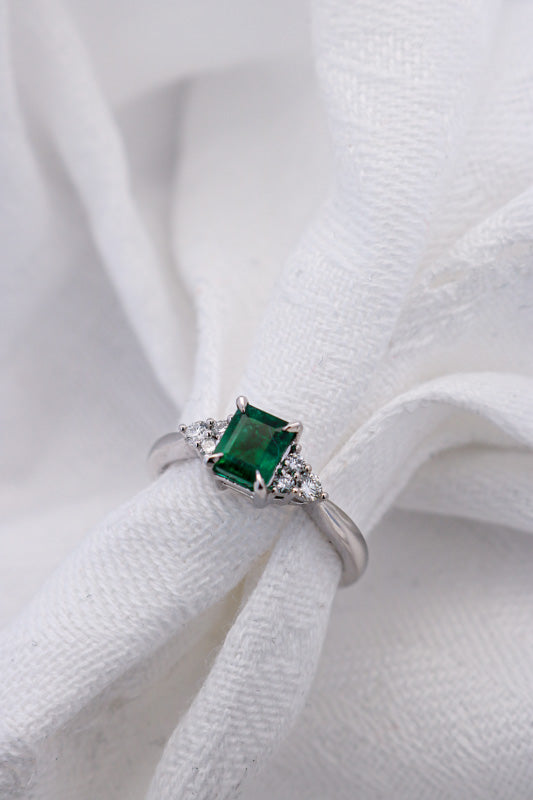Green Square Natural Emerald Set with 3 Diamonds in Wite Gold | McLean & Co Jewellers Sunshine Coast