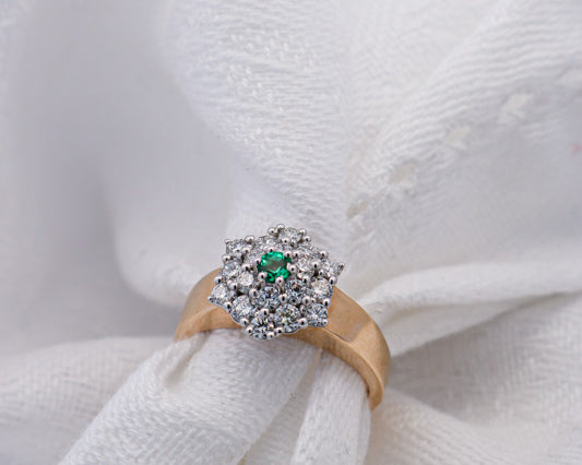 Natural Green Emerald and Diamond Ring Set in Yellow gold on white material | McLean & Co Jewellers Sunshine Coast