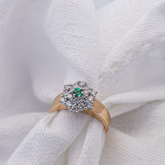 Natural Green Emerald and Diamond Ring Set in Yellow gold on white material | McLean & Co Jewellers Sunshine Coast