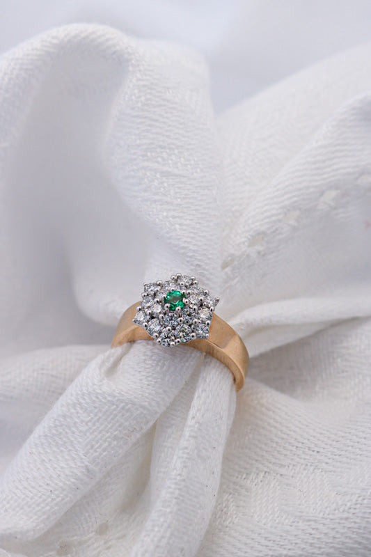 Natural Green Emerald and Diamond Ring Set in Yellow gold on white material | McLean & Co Jewellers Sunshine Coast