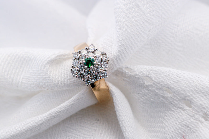 Natural Green Emerald and Diamond Ring Set in Yellow gold Floral Shape | McLean & Co Jewellers Sunshine Coast 