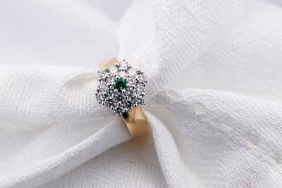 Natural Green Emerald and Diamond Ring Set in Yellow gold Floral Shape | McLean & Co Jewellers Sunshine Coast 