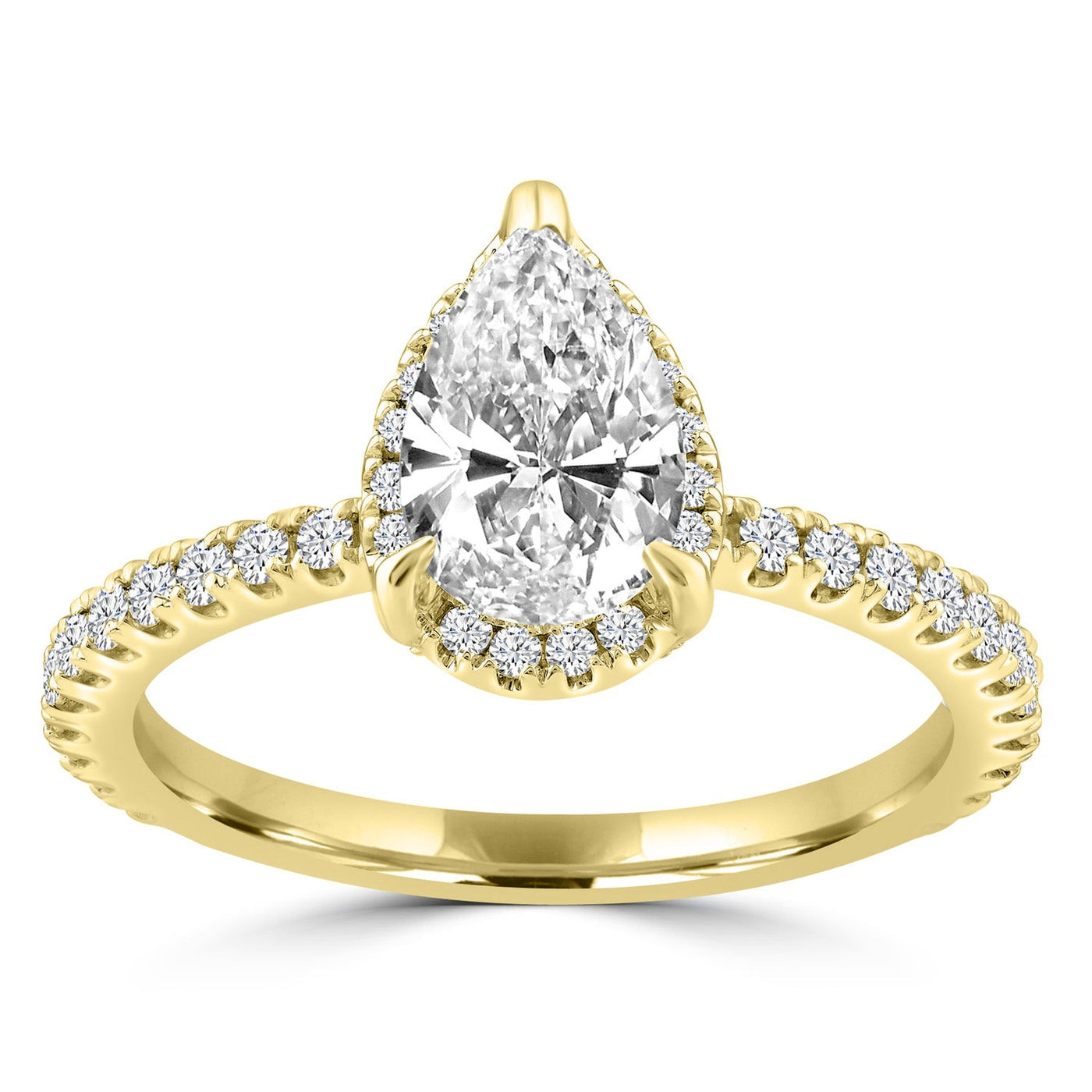 Pear Shape diamond halo engagement ring set in yellow gold