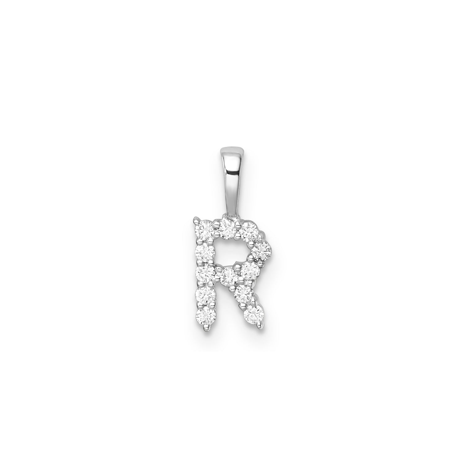 Petite Diamond Initial Pendant Letter R White Gold