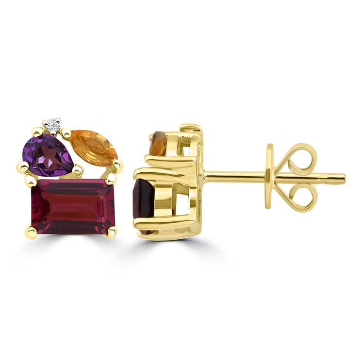 Diamond, Rhodolite, Amethyst, Citrine Stud Earrings with 0.01ct Diamonds in 9K Yellow Gold