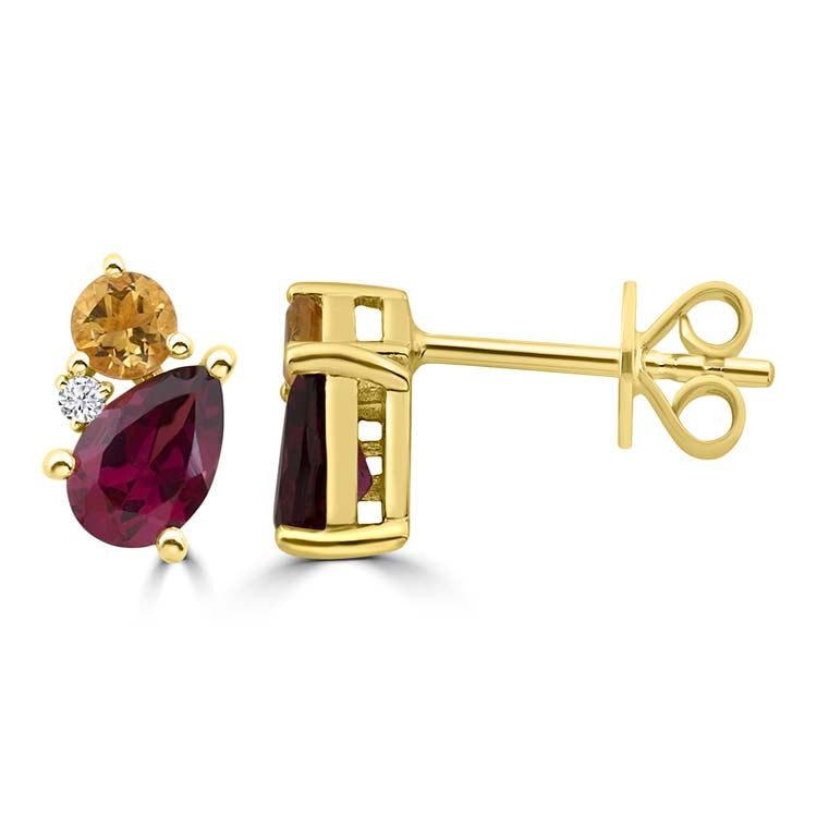 Diamond, Rhodolite, Citrine Stud Earrings with 0.02ct Diamonds in 9K Yellow Gold