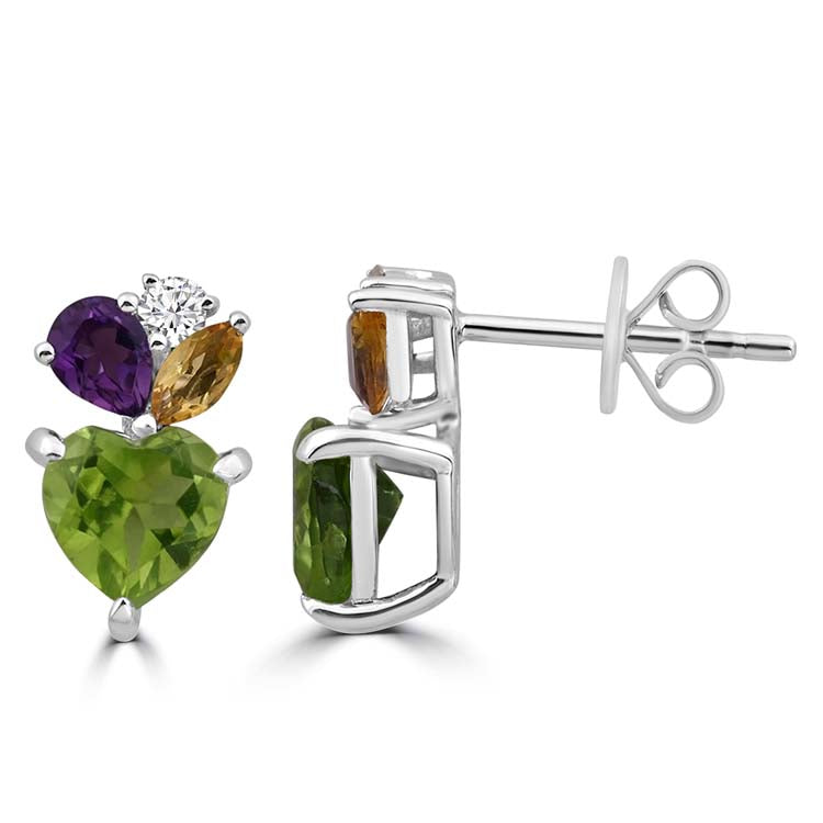 Diamond, Peridot, Amethyst, Citrine Stud Earrings with 0.056ct Diamonds in 9K White Gold